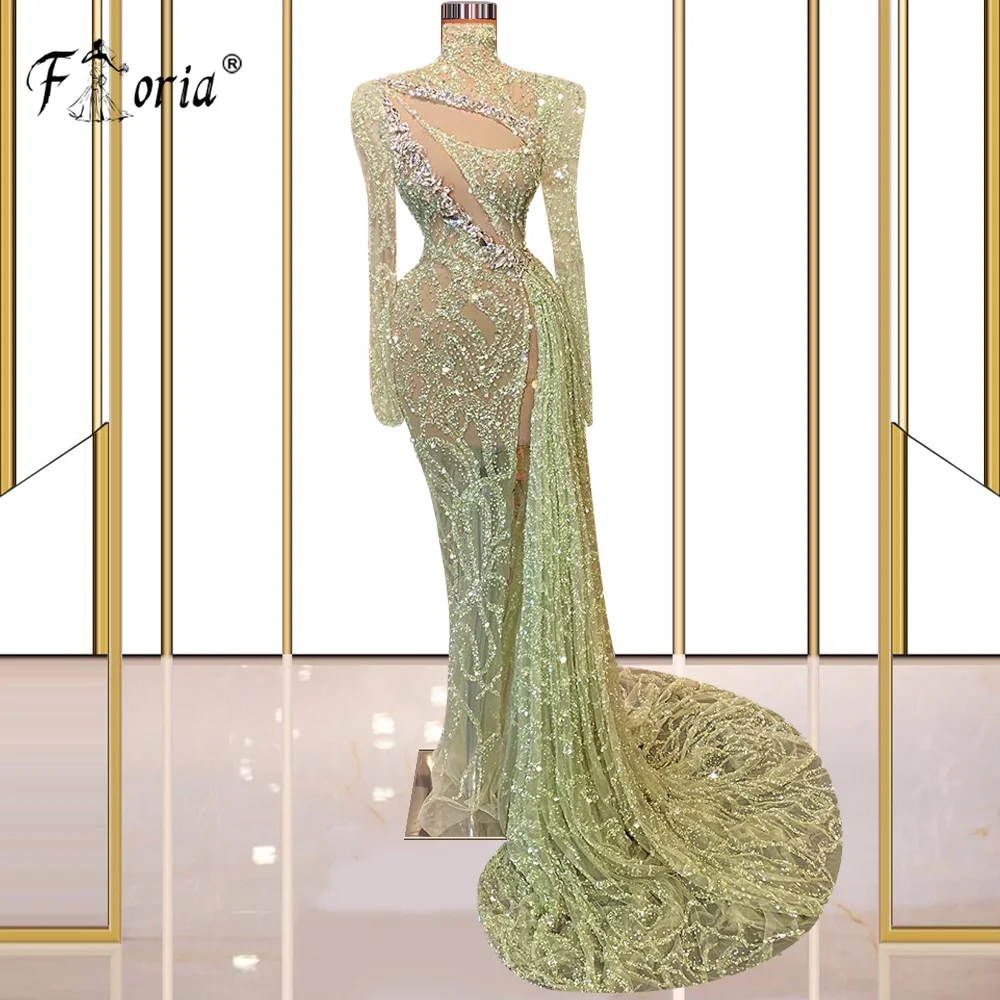 Sparkly Lovertjes Crystal Green Mermaid Avondjurk High Neck Slit Illusion Celebrity Party Jurken 2023 Robe De Soiree