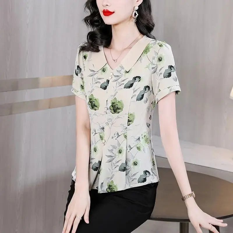 2024 New Chiffon Chiffon Shirt Fashion Summer Women\'s Chic Doll Neck Spliced Ruched Slim Waist Button Pullover Short Sleeve Tops