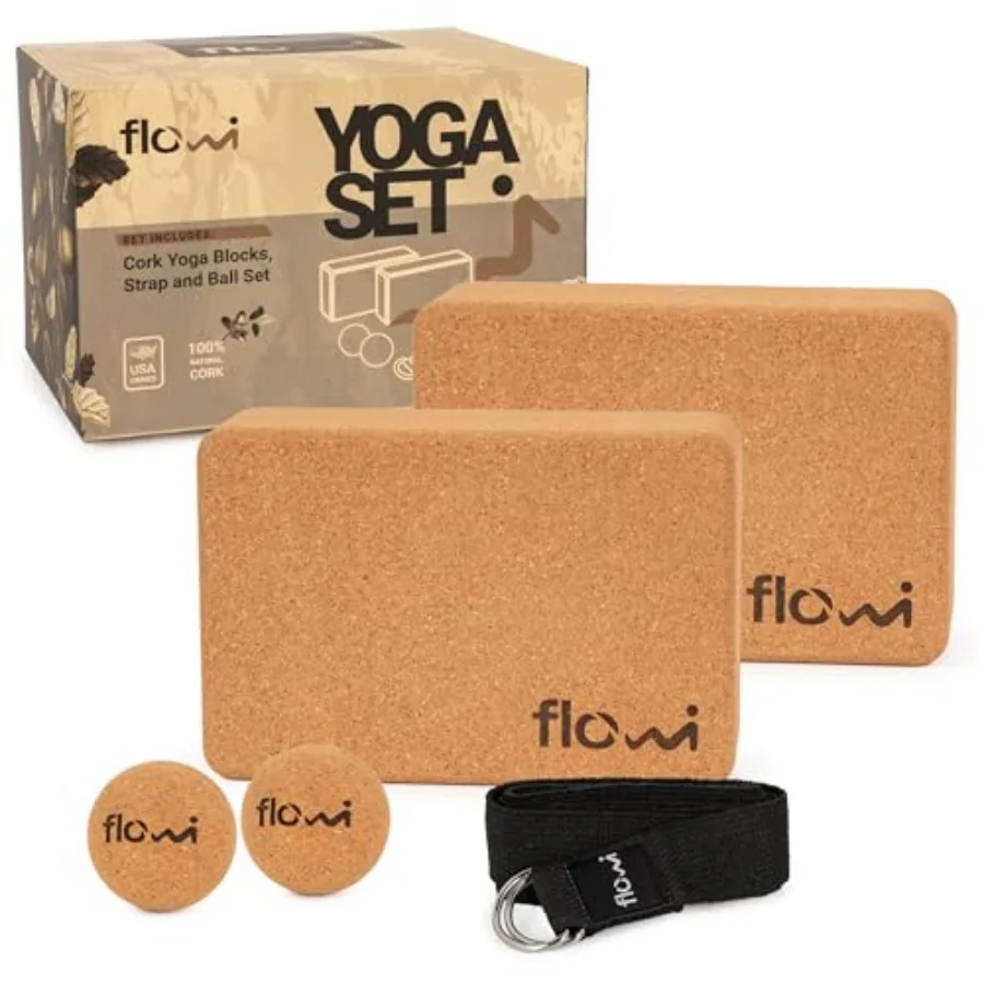 

Natural Cork Yoga Blocks 2 Pack with Strap and Massage Balls - Premium Yoga Accessories for Women and Men