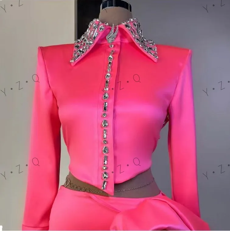 2 pièces robes de bal rose manches longues perles cristaux robe de soirée plissée florale robes de bal courtes ensemble découpé au-dessus du genou longueur