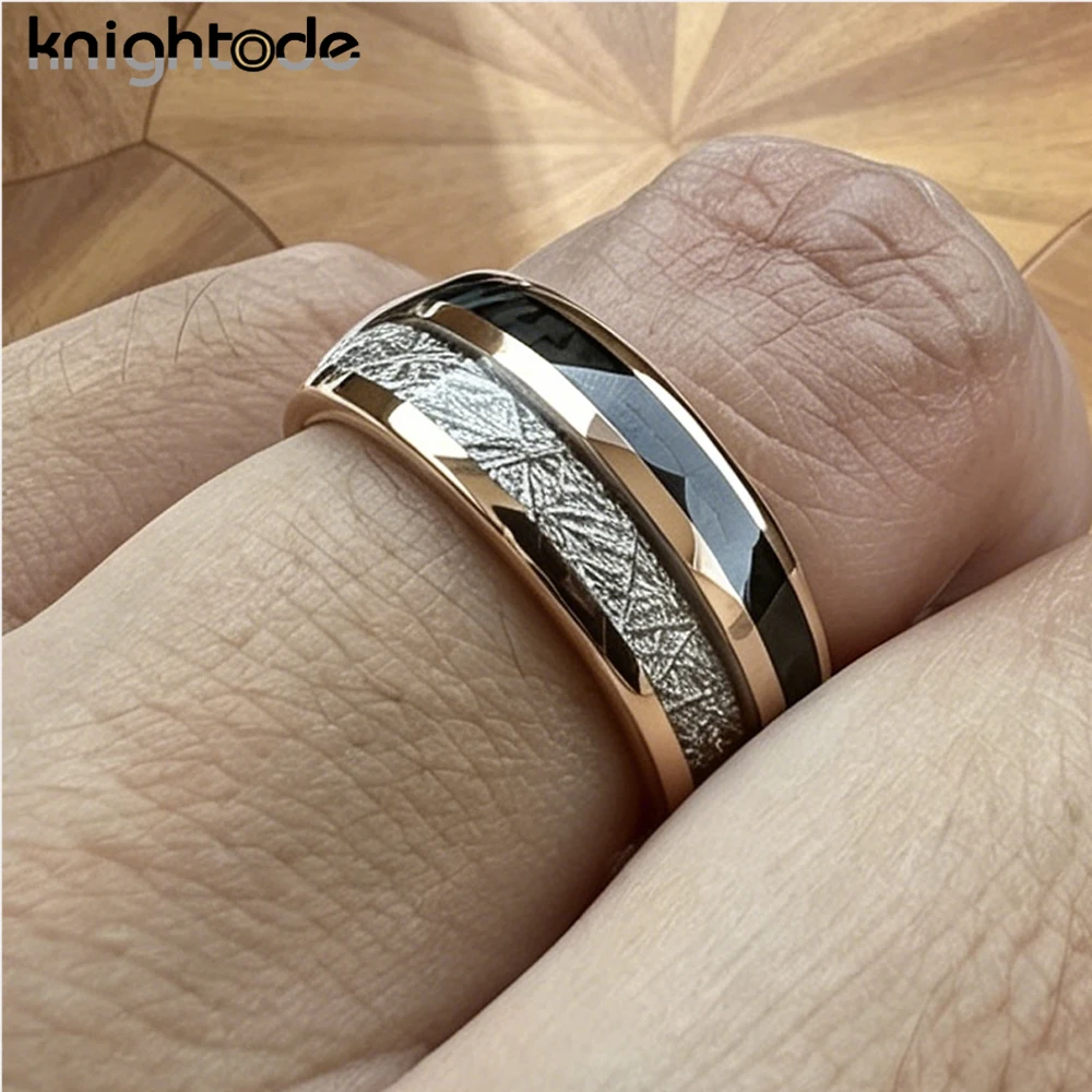 8mm Men\'s Tungsten Carbide Wedding Band White Meteorite/Black Carbon Fiber Valentine Engagement Ring Dome Polished Comfort Fit