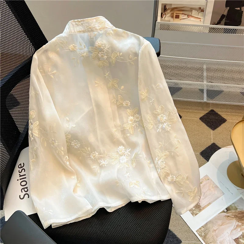 Vintage Embroidery Women\'s Shirts Trend 2024 Chiffon Loose Long Sleeve Top Korean Clothing Sales Chinese Style Women Blouses