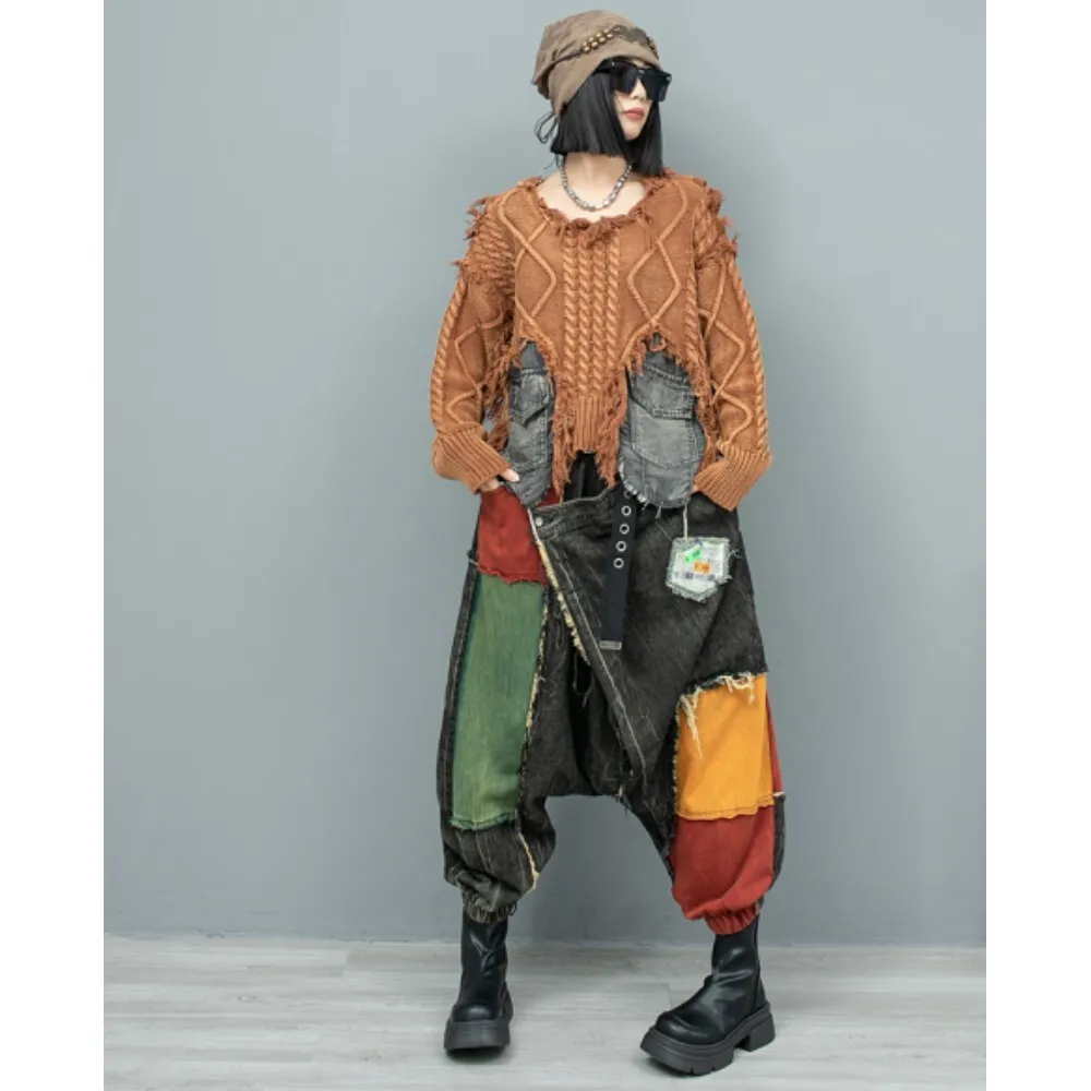 

Distressed Fried Dough Twists Wool Splicing Denim Sweater + Big Crotch Pants Two-piece Set Women 2024 Autumn Winter ZF266