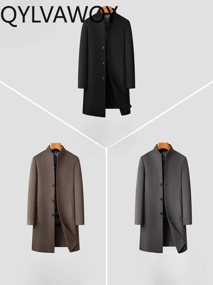 QYLVAWOY Spring Autumn Winter Men's Double-Sided Woolen Coat Stand-Up Collar Mid-Length Outerwear Warm High-Quality LJ2727