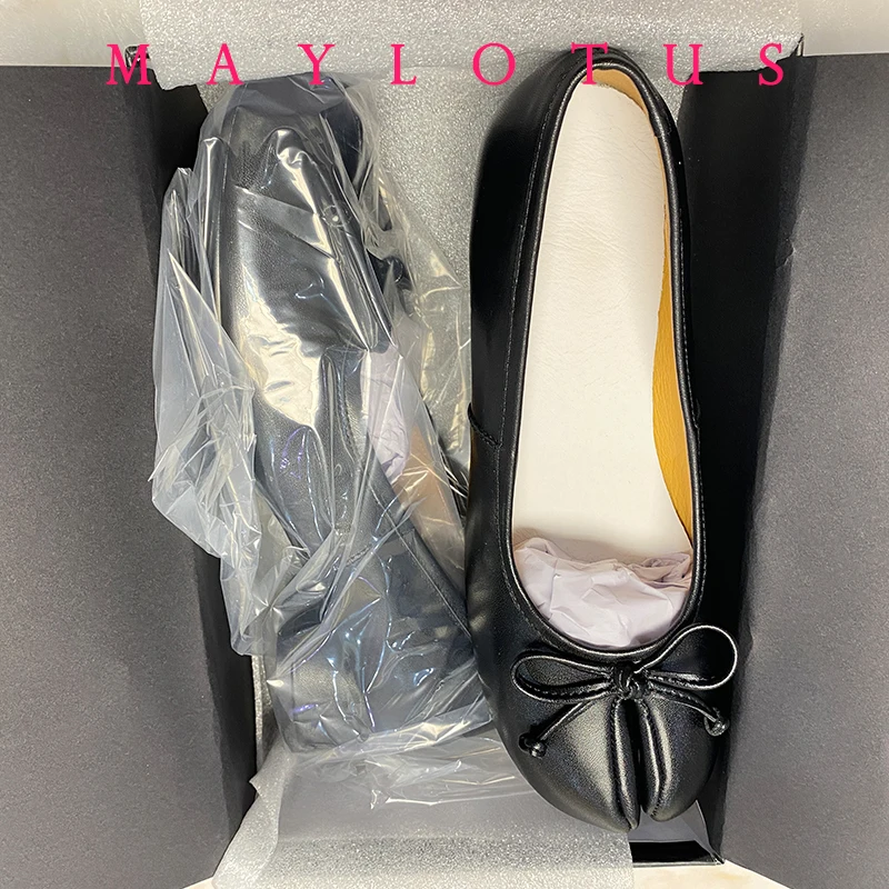 Split Toe 3cm Heel Tabi  Shoes Slip On Leather Comfy Shoes Soft Bottom solid Ladies Moccasins with Bowknot image 4