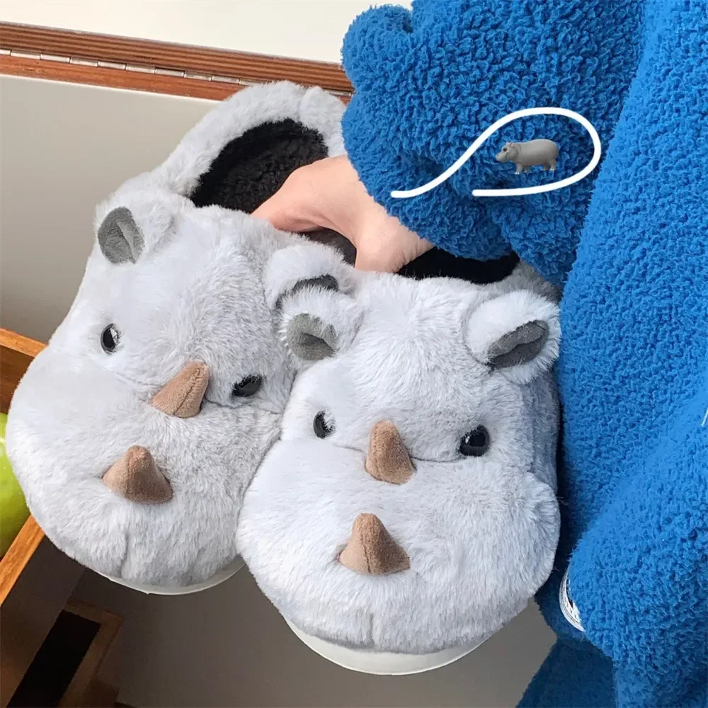 2024 New Indoor Fluffy Slippers For Women Men Winter Warm Shoes Cute Cartoon Gray Color Anti-slip Couples Home Floor Slipper