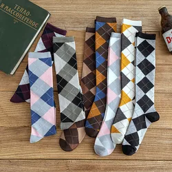 Stockings Keep Warm Japanese Style Knee-high Socks for Woman Socks Rhombus Pattern Autumn Winter Cotton 1Pair College Style