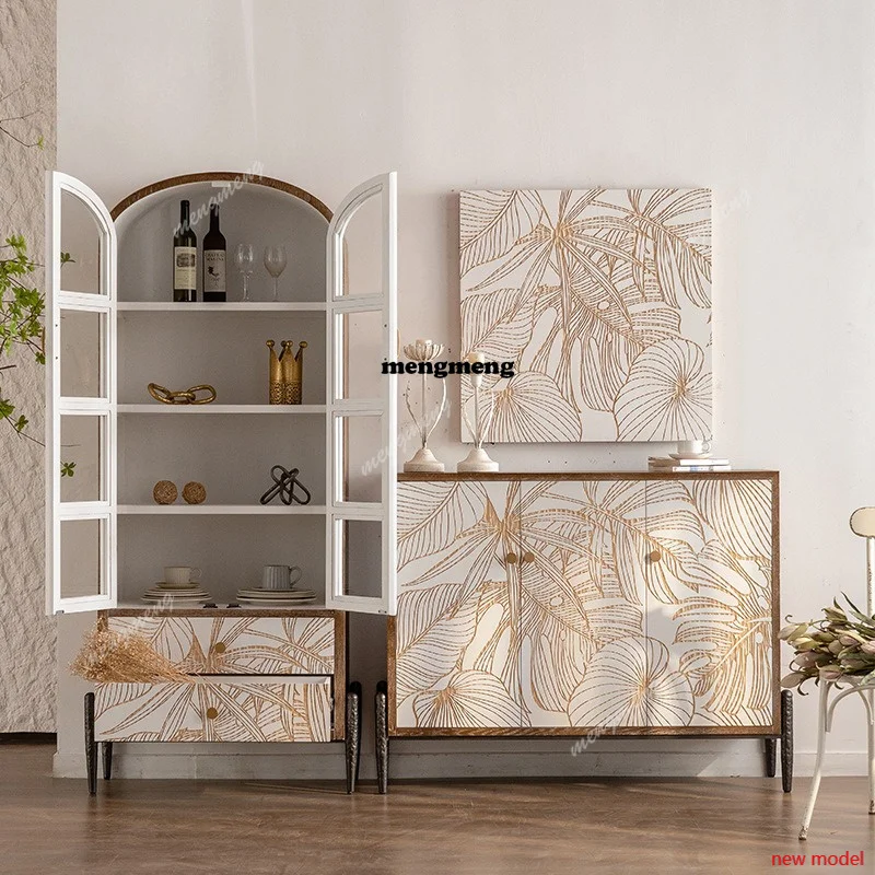 AB03Retro carved combination entrance cabinet American country glass wine cabinet figure arched door display cabinet