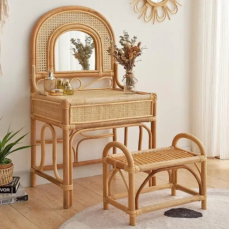 Natural rattan weaving dressing table bedroom retro simple homestay internet red ins luxury makeup table chair set