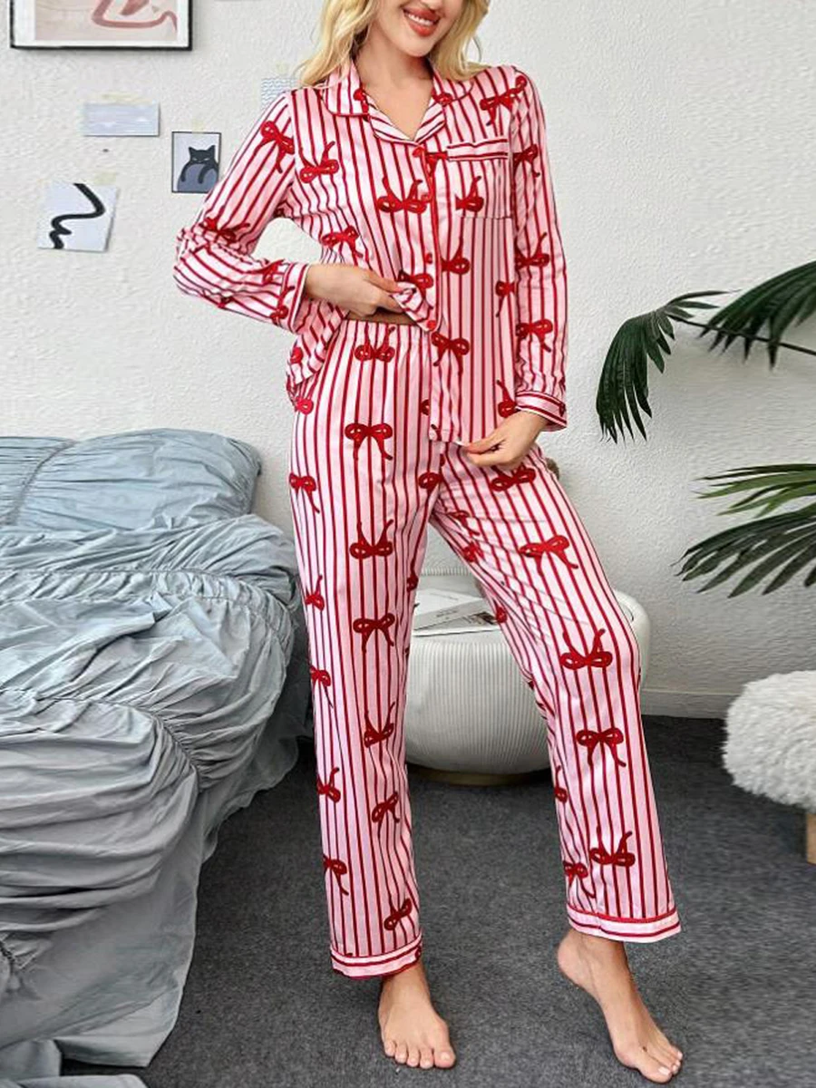 Womens Bow Striped Pajama Set Long Sleeve Button-up Tops Long Pants 2 Piece Sleepwear Outfits