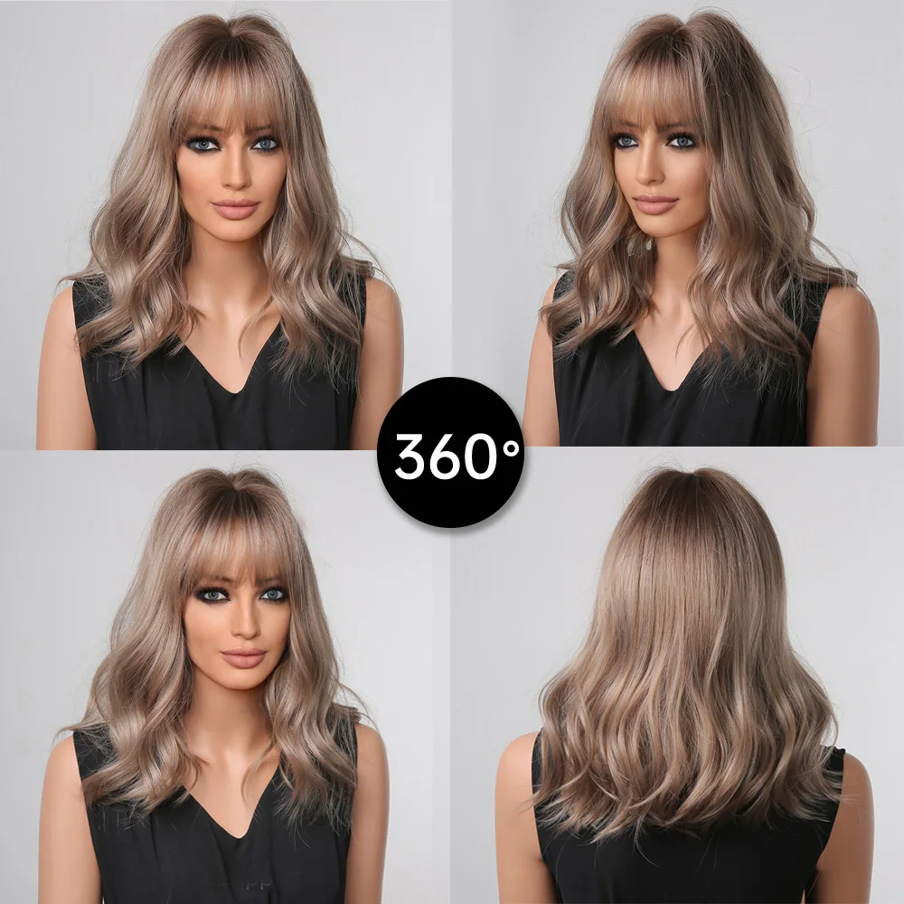 Easyhair jesionowo-brązowy blond krótki falowane syntetyczne peruki z grzywką naturalny peruka w stylu Bob dla kobiet codziennie na imprezę Cosplay