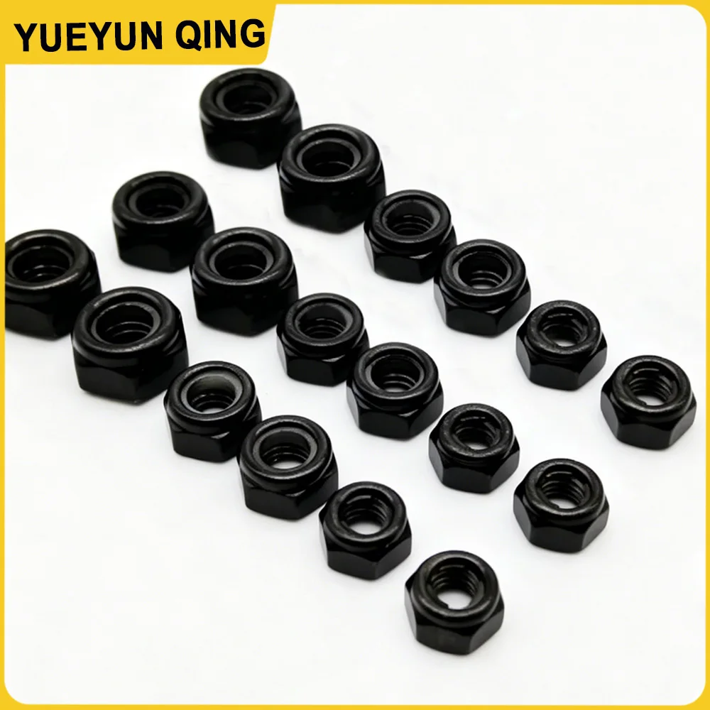 5-50 Stück Nylon-Sicherungsmuttern M2 M2.5 M3 M4 M5 M6 M8 M10 M12 Kohlenstoffstahl Schwarz Sechskant-Einsatzmuttern Selbstsichernde Sicherungsmuttern