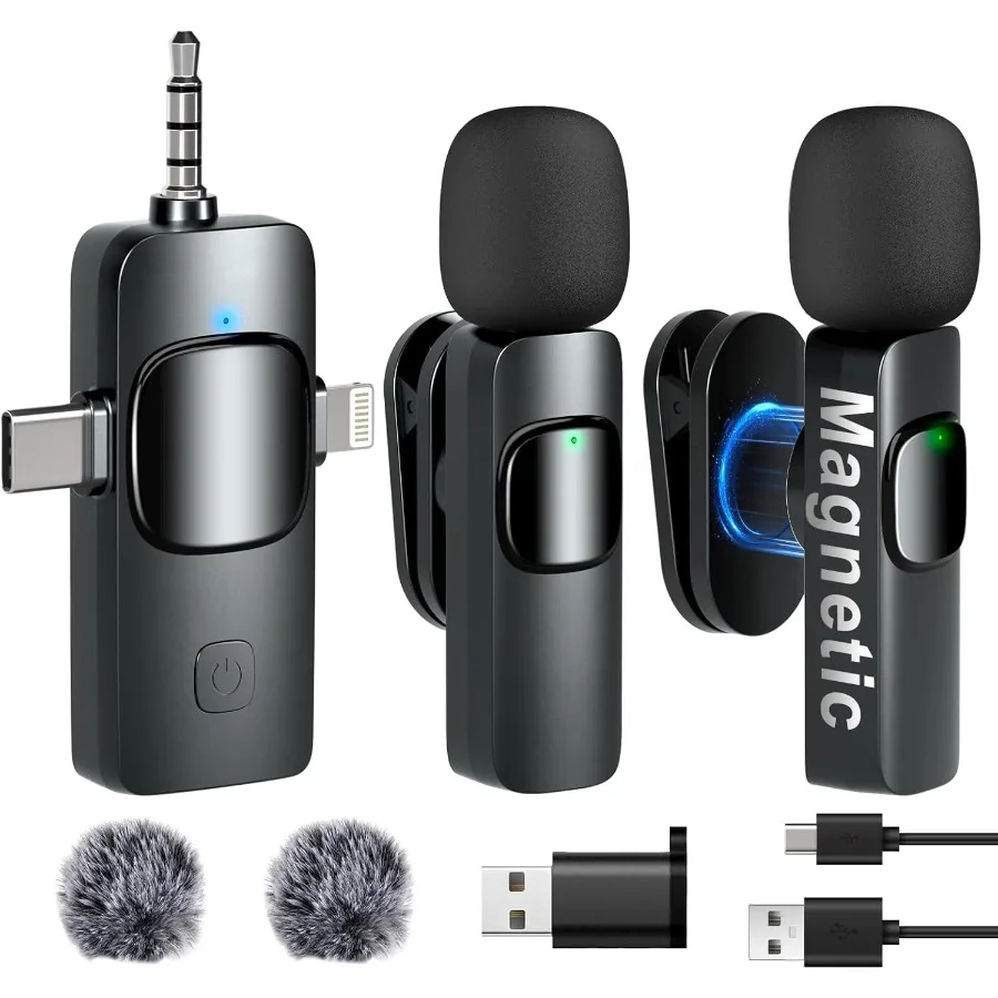 

Wireless Microphone Lavalier Clip on Microphone 4in1 Rechargeable Microphones with Magnetic Clip for Video Rrding 360 Adjustabl
