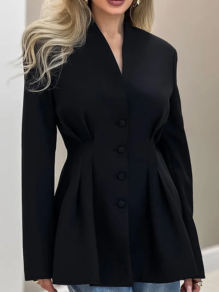 V-Neck Elegant Office Tailored Coat Women 2026 Autumn Fashion Button Up Long Sleeve Formal Work Business Commute Blazer Jackets
