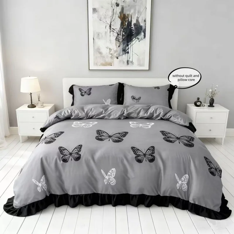 3pcs Duvet cover set (1*Duvet Cover + 2*Pillowcase, Without Core), black butterfly print Bedding Set, Soft Comfortable