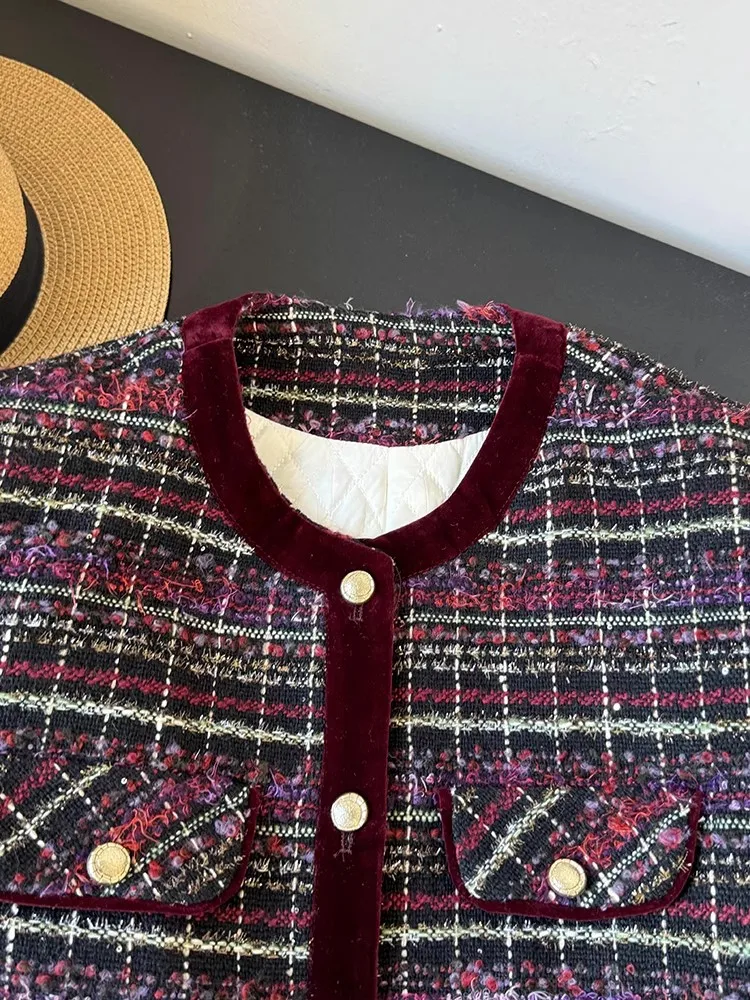 Chaqueta Vintage de Tweed acolchada gruesa y cálida para mujer, abrigo a cuadros con un solo pecho y cuello redondo, chaqueta elegante de sarga empalmada para invierno, Parkas