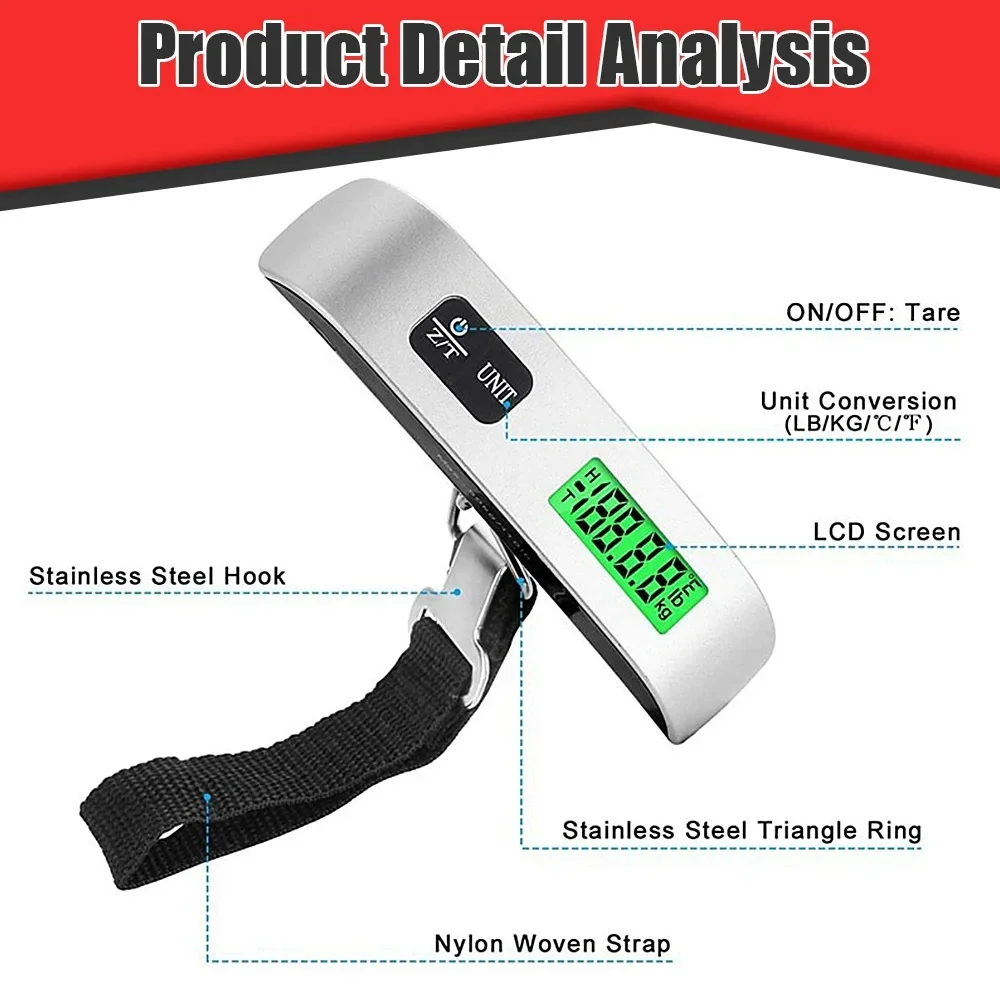 Balance portable numérique à affichage LCD 110lb/50kg Balance électronique à bagages suspendue pour valise de voyage Outil de pesée de bagages