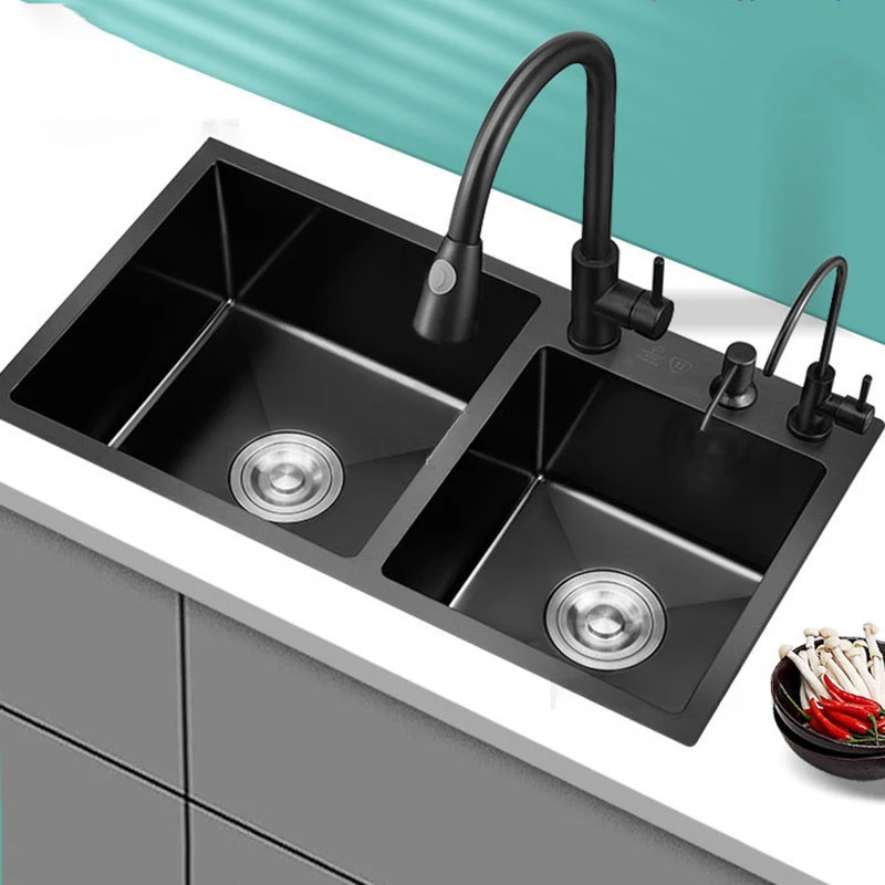 Lavelli da cucina Nano neri per la casa lavabo grande a doppio slot lavello fatto a mano in acciaio inossidabile accessori per lavello da cucina per la casa