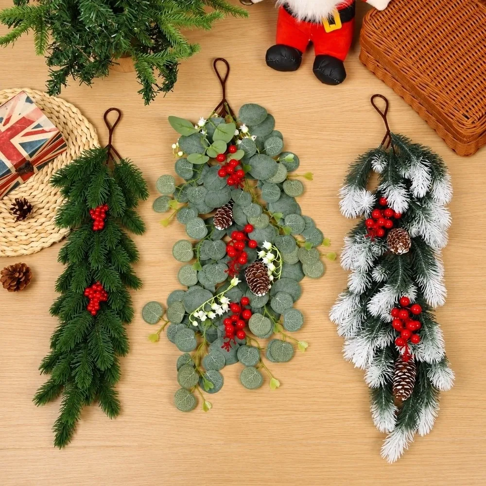 Green Artificial Pine Vine Eucalyptus Leaves Red Berries Simulation Pine Garland Pine Needle Photo Props Red Berries Garland
