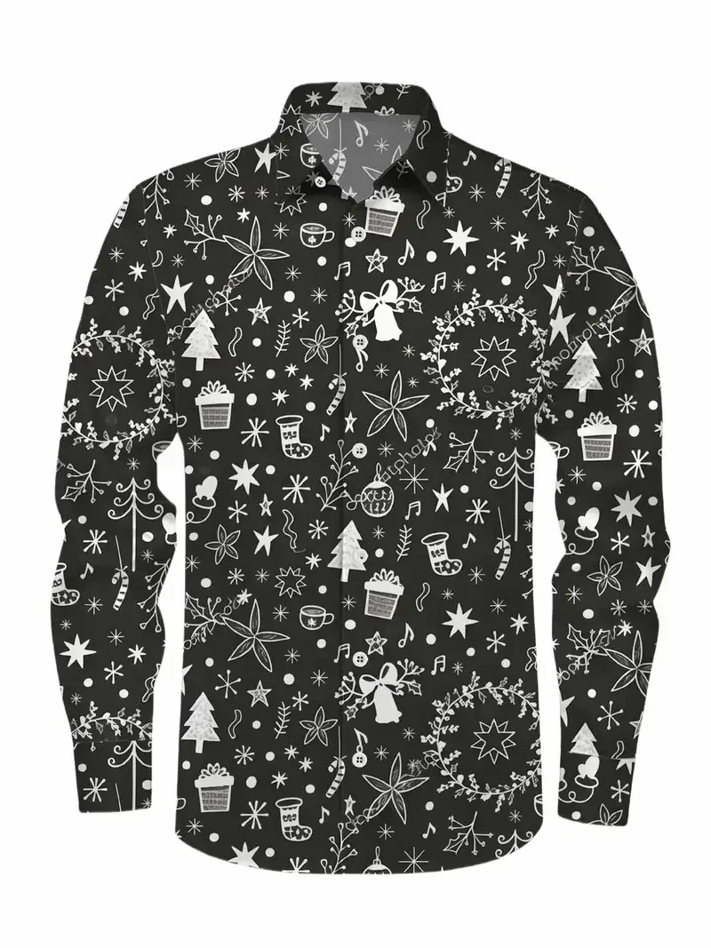 2026 New Men's Festive Holiday Party Long Sleeved Shirt with 3D Christmas Print, Fashionable Elegant Snowman New Year Soft Shirt