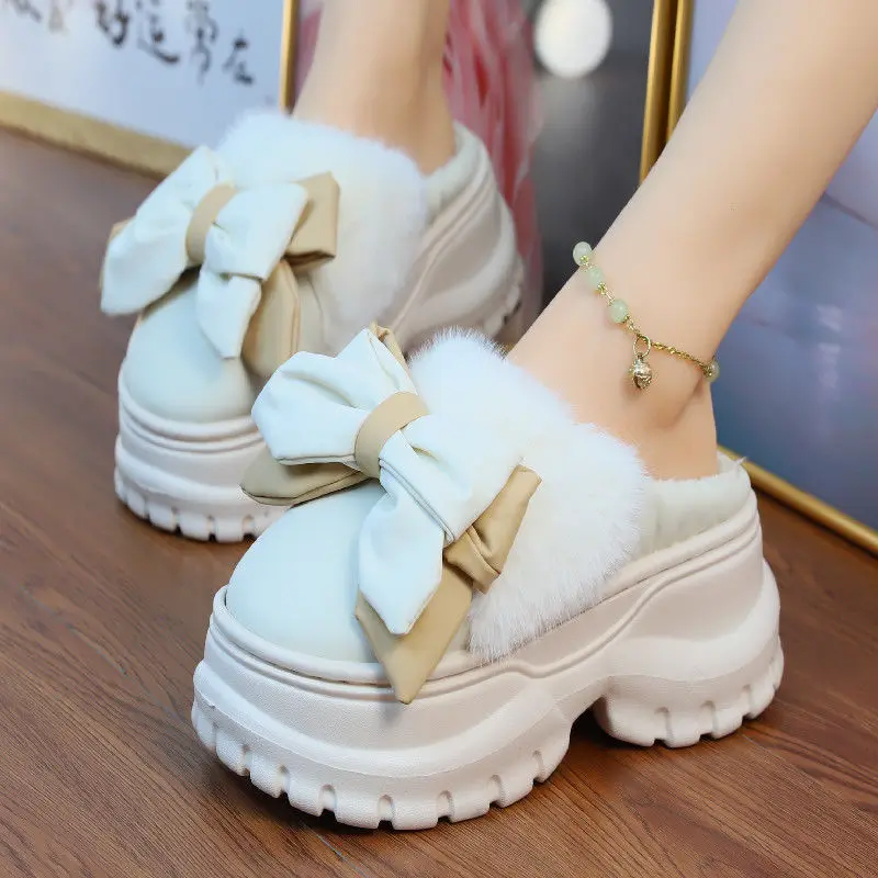 

High heels 7.5cm bow slippers home women 2024 Autumn Winter Warm Thick Bottom plush Slides Women's Platform Waterproof Slippers