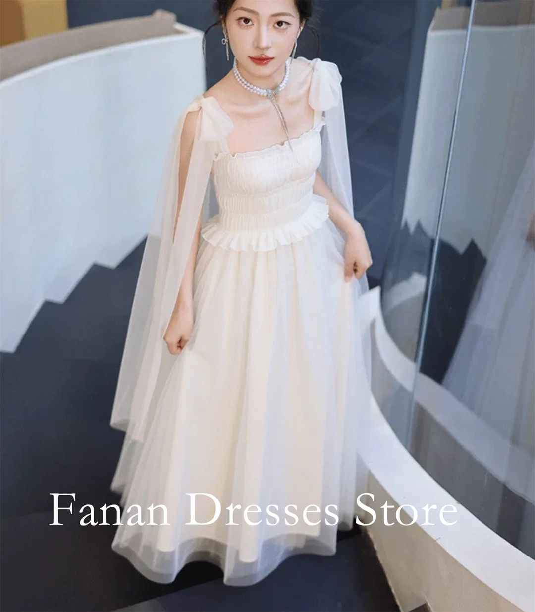 FANAN Spaghetti Straps Tulle Sleeveless Vintage Simple Elegant Wedding Dresses 웨딩드레스 Ivory Customized Pretty  Bride Dresses