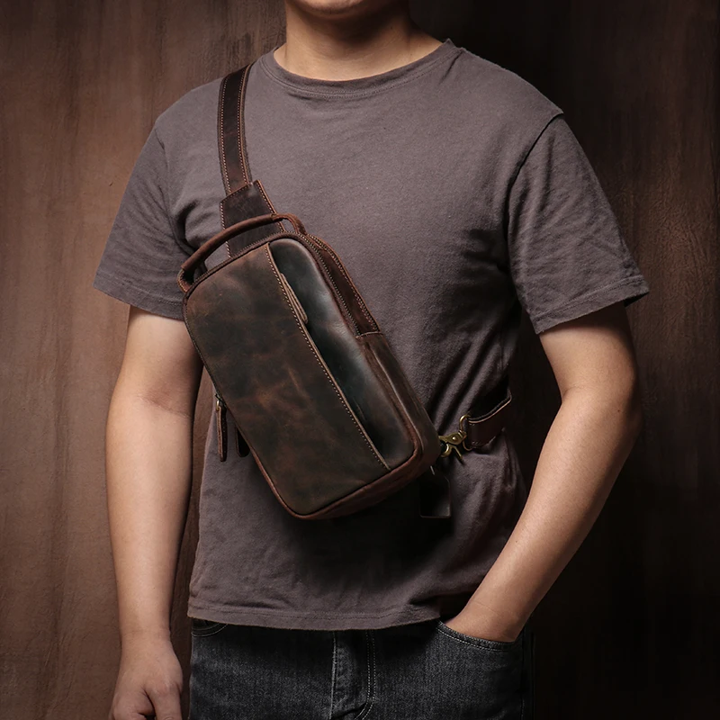 GURO Men\'s Higher Quality Chest Pack Vintage Genuine Leather Travel Sling Bag Male Luxury satchel Crazy Horse Cowhide Crossbody