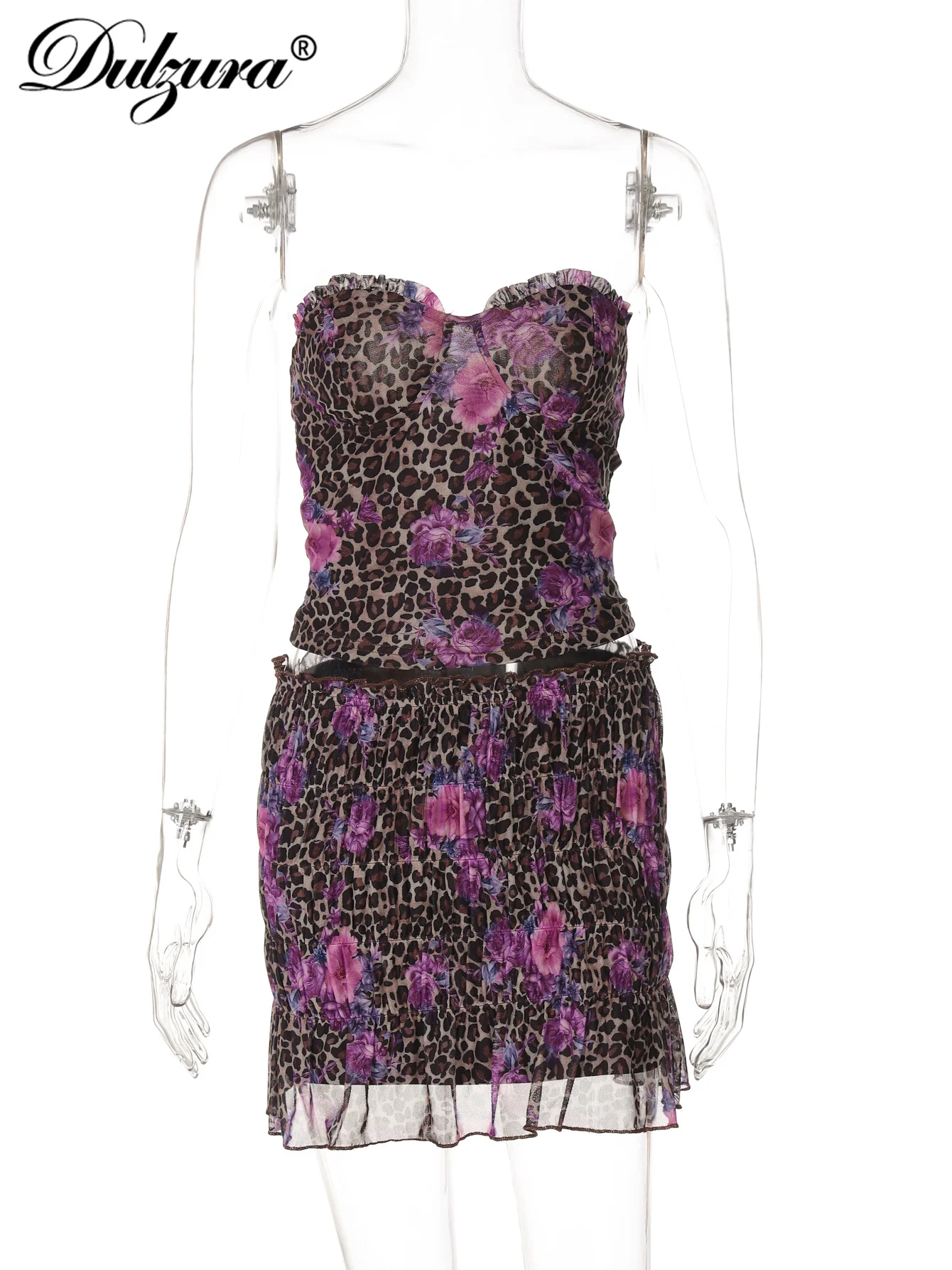 Dulzura Leopard 섹시한 우아한 캐주얼 2 피스 메쉬 짧은 치마 세트 가슴 포장 백리스 탑 리브 스커트 매칭 세트 Partywear
