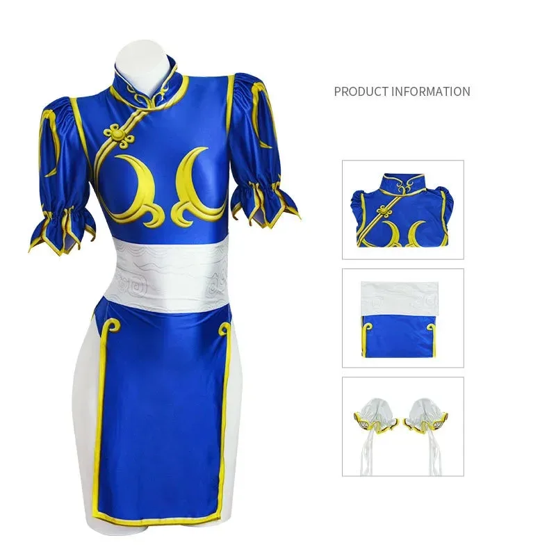 4PCS Anime Street Chun Li Cosplay Costumes Bracelet Sutorito Faita Blue Cheongsam Top+Belt+Headwear+Bracelet Sexy Halloween Prop