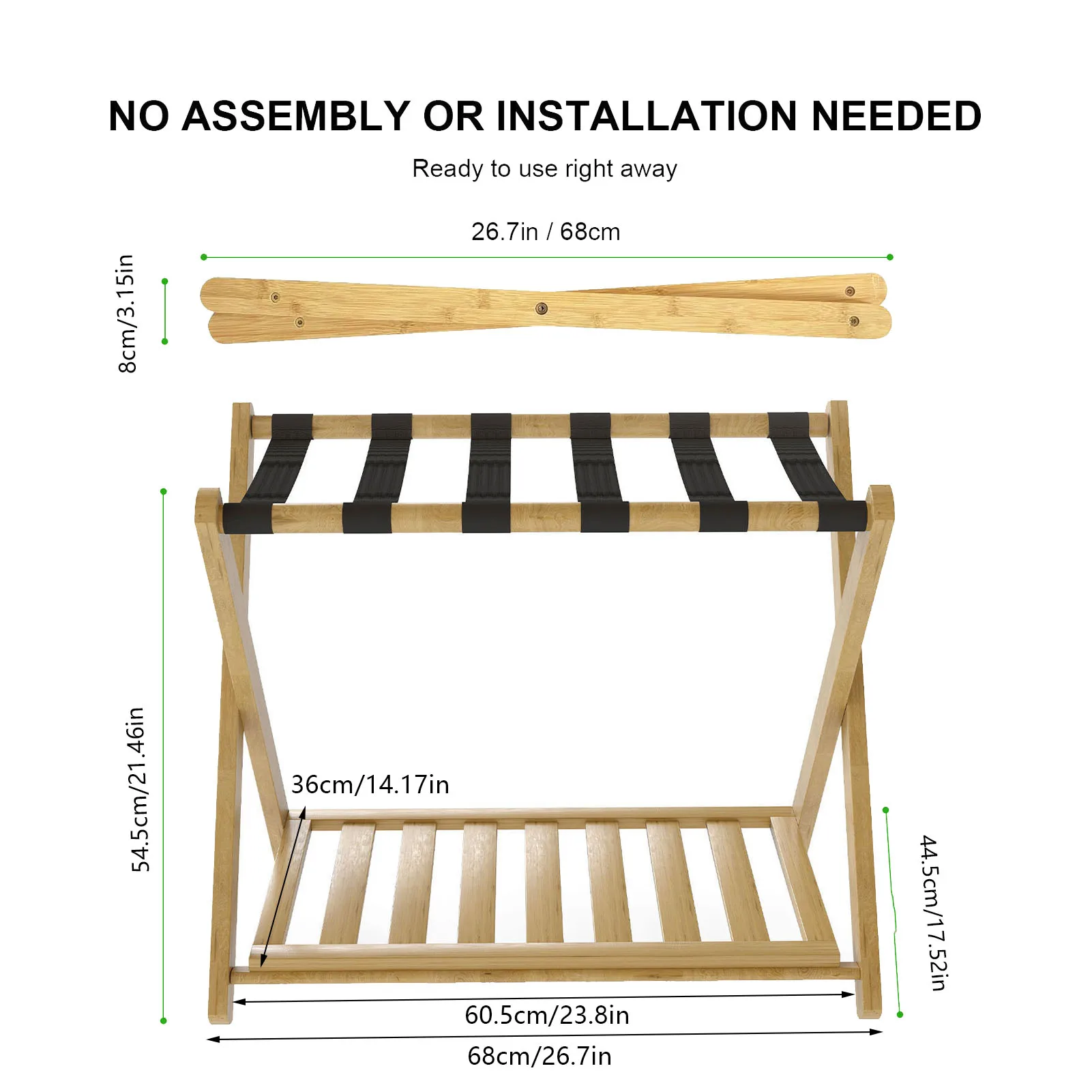 Luggage Rack with Storage Shelf Heavy Duty Thickened Bamboo Suitcase Stand Foldable Portable Luggage Stand for Bedroom Hotel