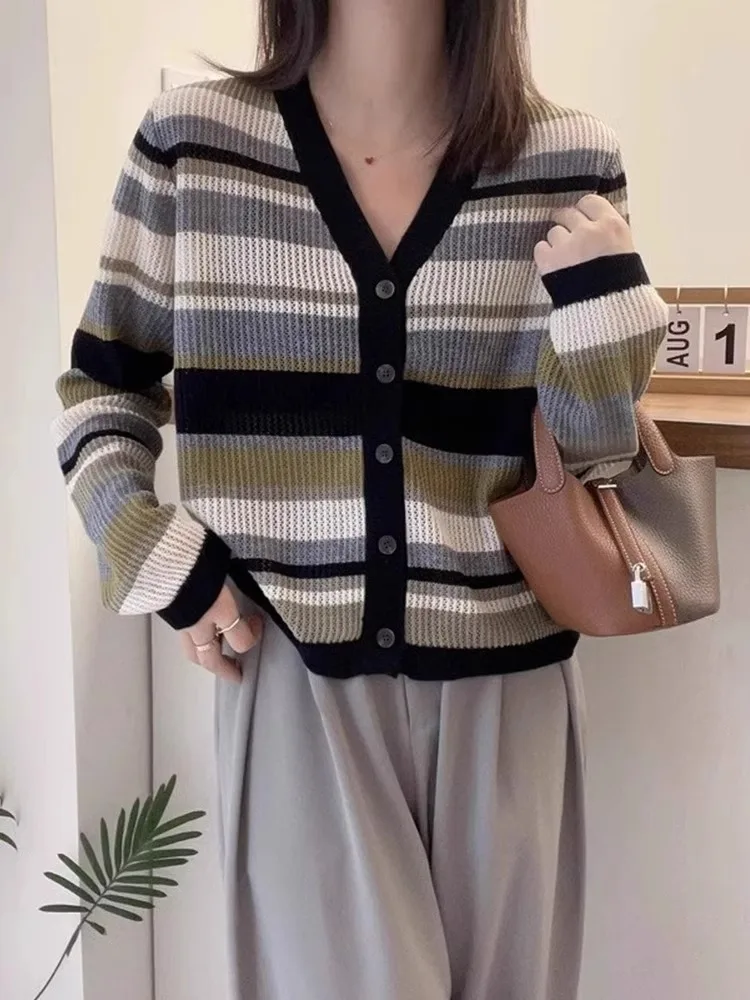 

Удобный вязаный открытый кардиган с V-образным вырезом, женский длинный свитер в полоску, утягивающий модный корейский слэ, свитер обычного кроя...