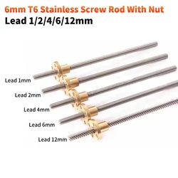 1PC 304 stainless steel T6 screw length 100mm-550mm lead 1/2mm/4mm/6mm/12mm trapezoidal spindle With brass nut 3d printer parts