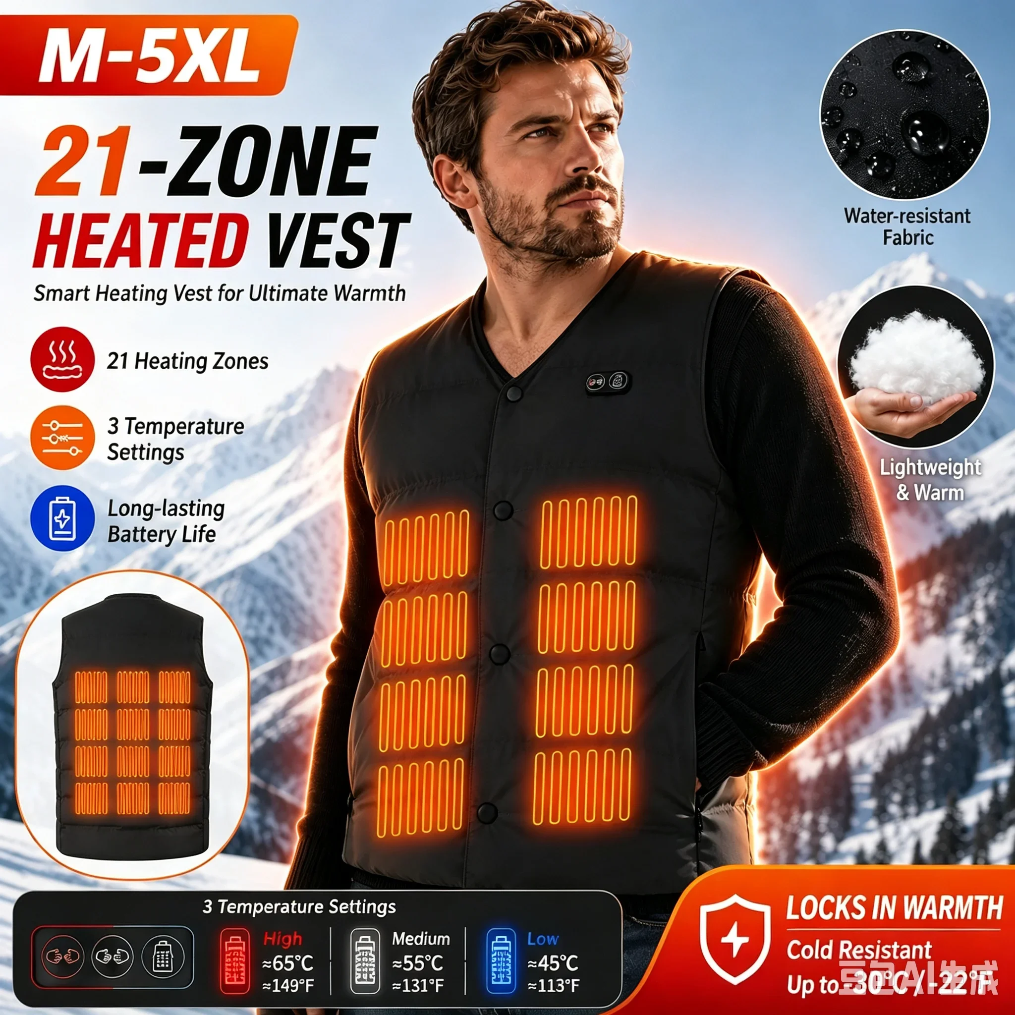 Unisex Winter Heated Vest Loose Fit 21 Heating Zones 3 Level Temp Control Sleeveless Gilet Casual Sport Outdoor Warm Outerwear