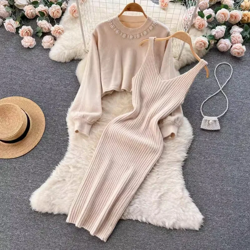 Neploe French Fragrant Style Two Piece Suits Femme Vintage Nail Bead Half High Neck Sweater Solid Color Slim V-neck Strap Dress