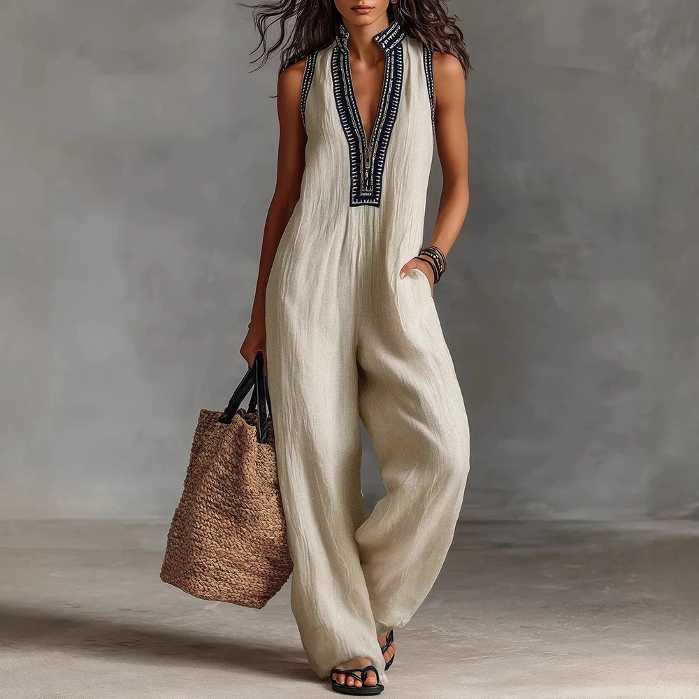 

Women's Faux Linen Sleeveless Jumpsuit Embroidered V-Neck Zipper Loose Wide Leg Romper Casual Beach Vacation Outfit Jumpsuit
