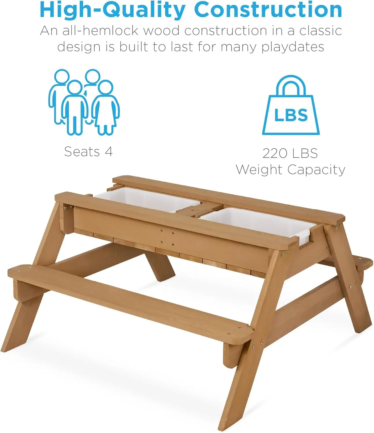 Table de pique-nique convertible extérieure en bois avec parapluie, table de sable et d'eau pour enfants, 2 plateaux, dessus parfait, capacité de 220lb par Ben, 3 en 1