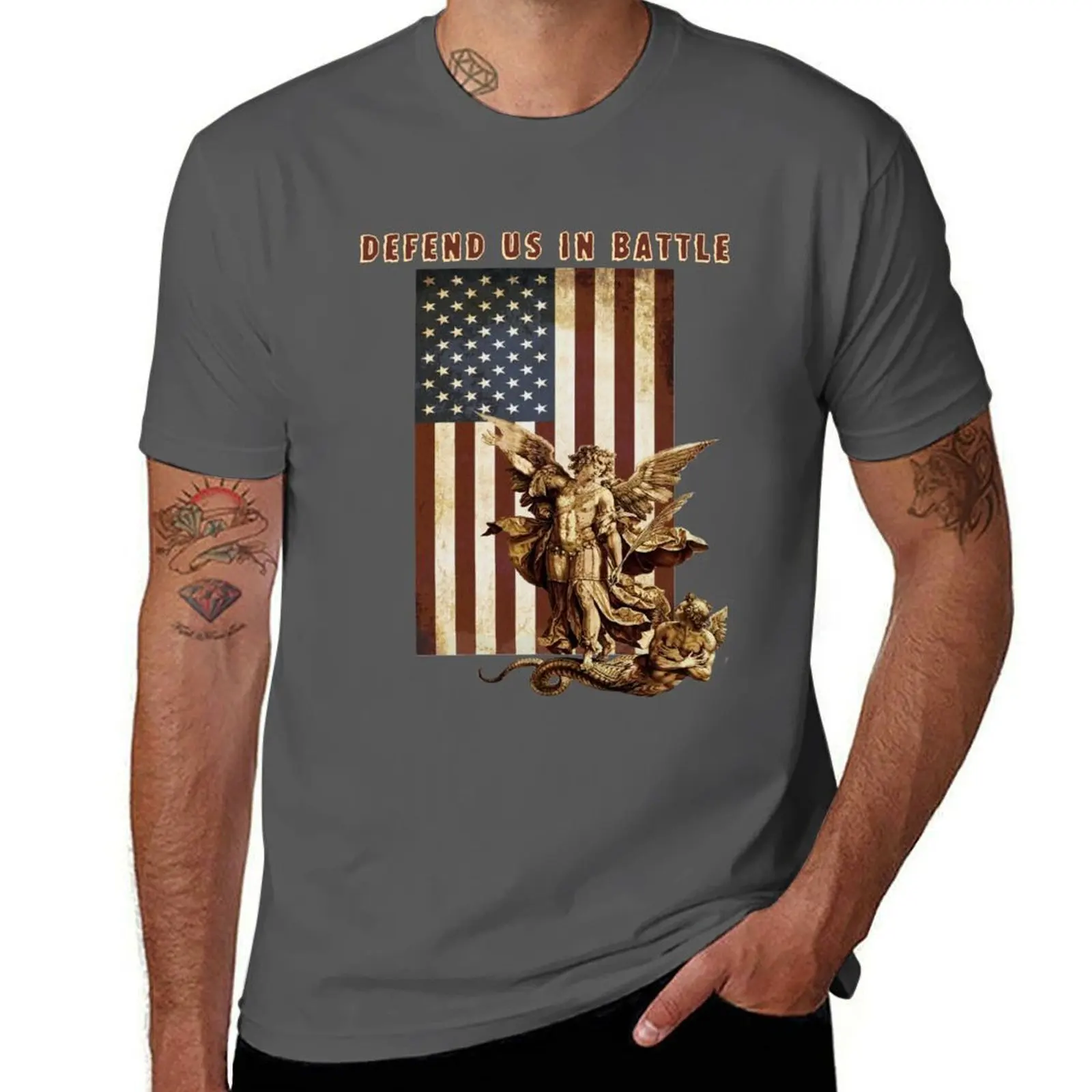 

St Michael the Archangel Angel Catholic Saint United States Flag US T-Shirt man t shirts for men T-Shirt