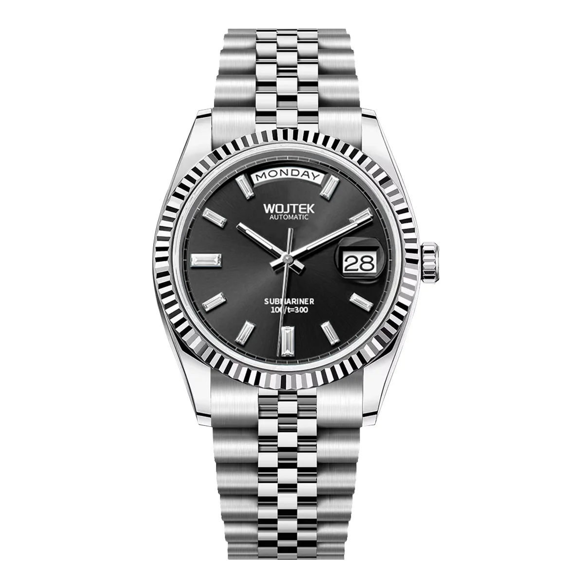 WOJTEK Men Automatic Mechanical Watch Stainless Steel Band Week Date Display Roman Numeral Dial Business Male Wristwatch