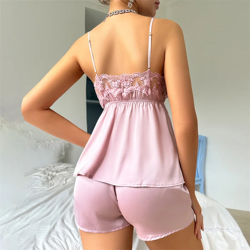 Frauen Satin Pyjama Set 2-teilige Pyjama Nachtwäsche Lounge wear Spitze V-Ausschnitt Cami Top sexy Dessous ärmellose Homewear Shorts Set