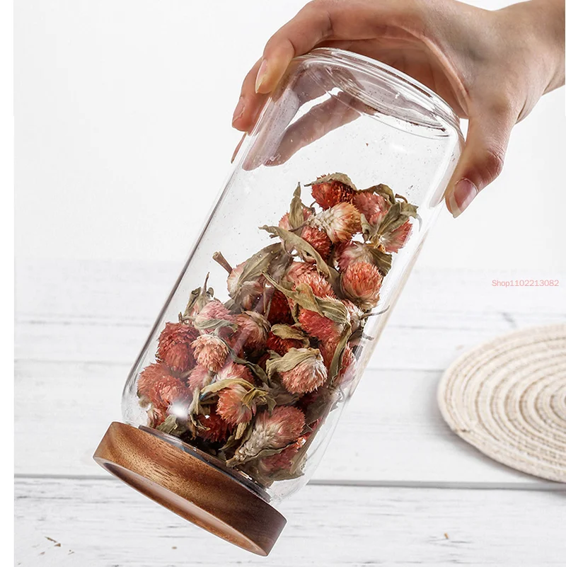 Glass Storage Jar Sealed Acacia Wood Lid Candy Dried Fruit Snack Kitchen Miscellaneous Grain