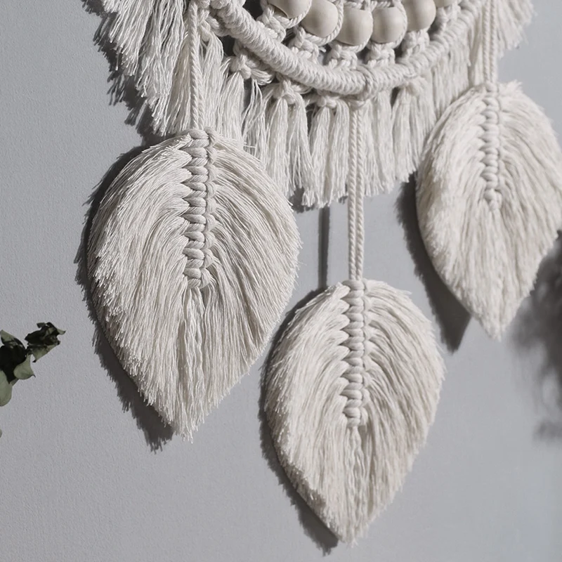 Pendurado Wall Mirror Franja Pingente, Contas de Madeira Redonda Branca, Ornamento Decorativo para Apartamento Quarto e Sala