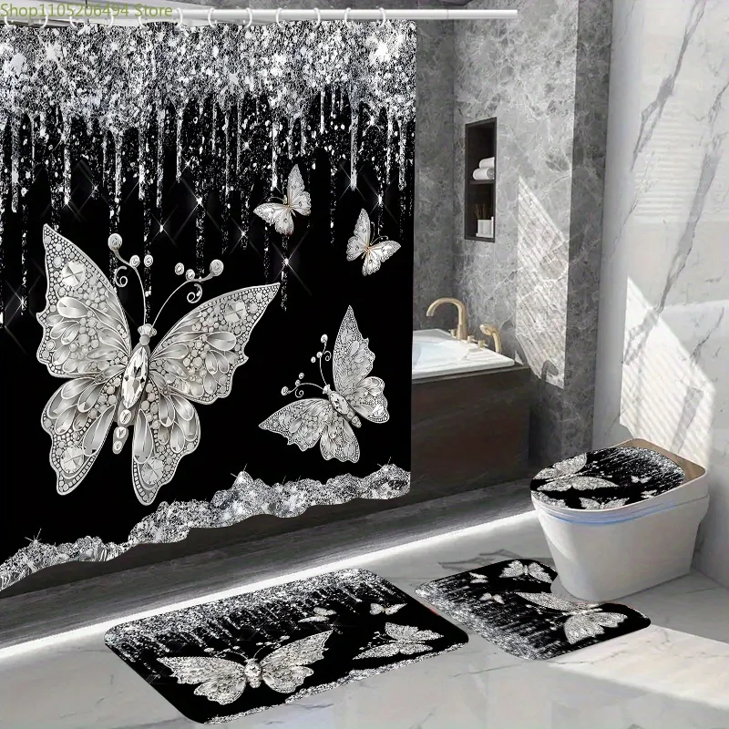 

1pc/4pcs Home Decor BathShower Curtain Sets with 12 Hooks Toilet Seat Cover Bathroom Mat Non-slip Rug Carpet Polyester Fabric
