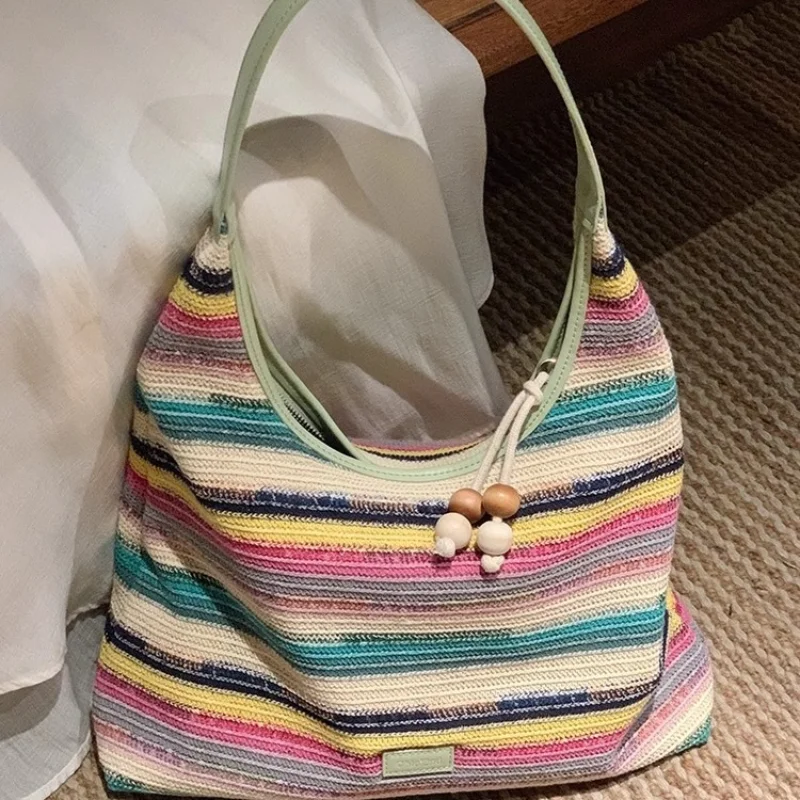 

Rainbow Tote Bag Women's 2024 New Fashion Summer Seaside Woven Handbag Large Capacity Shoulder Underarm Bag