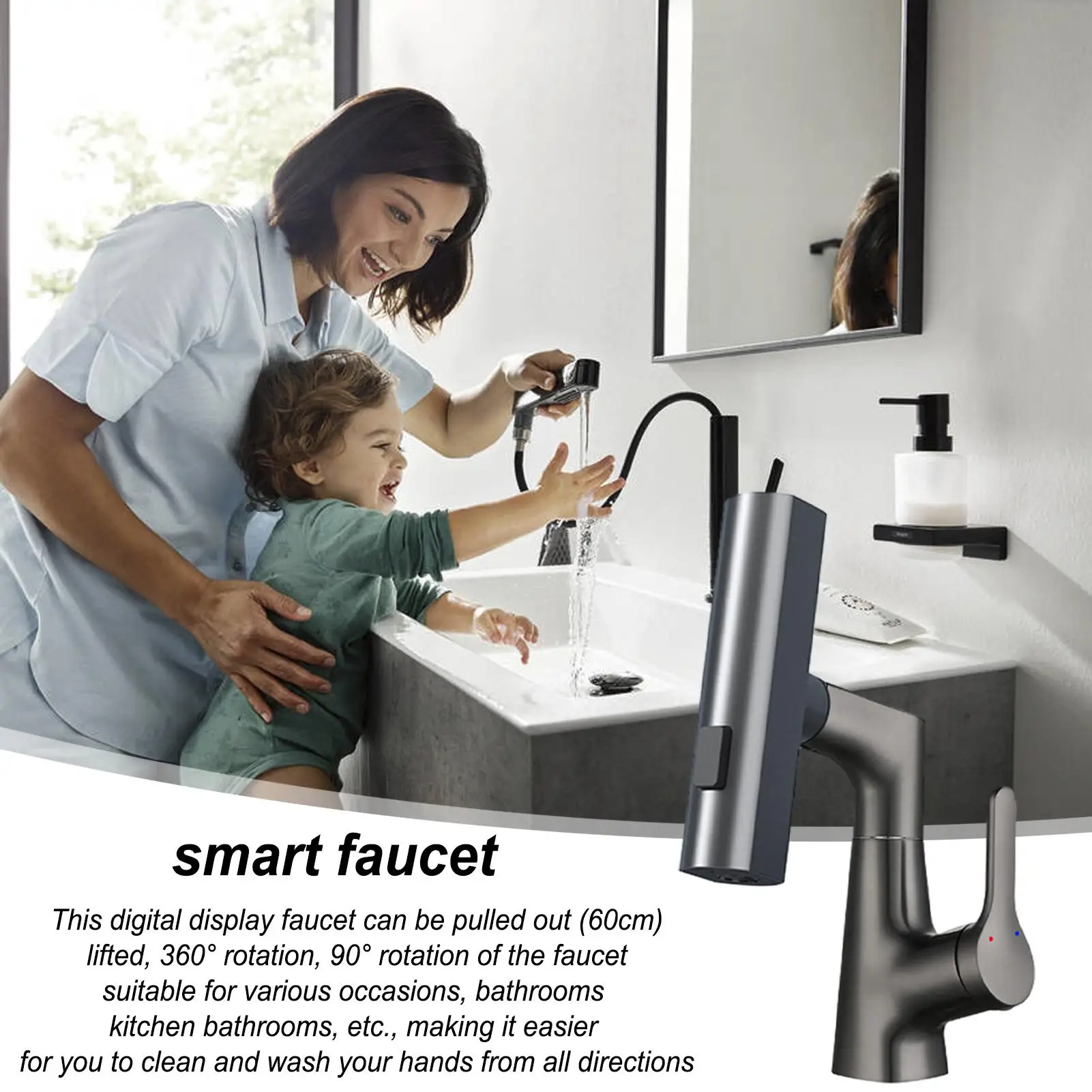 Faucet For Kitchen Smart Pull Down 5 Water Modes Digital Display Faucet Height Adjustable Water Tap For RV Camper Hotel Kitchen