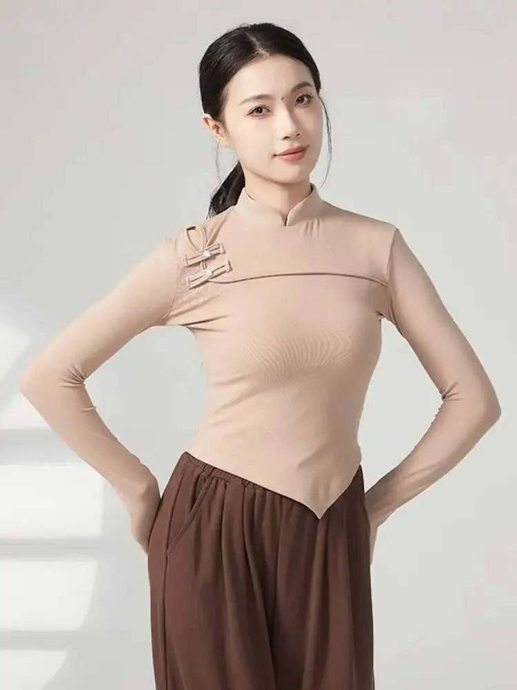 

Приталенная танцевальная рубашка с высоким воротом и длинными рукавами с пуговицами в виде китайской лягушки, однотонный классический топ для выступлений, женская практика