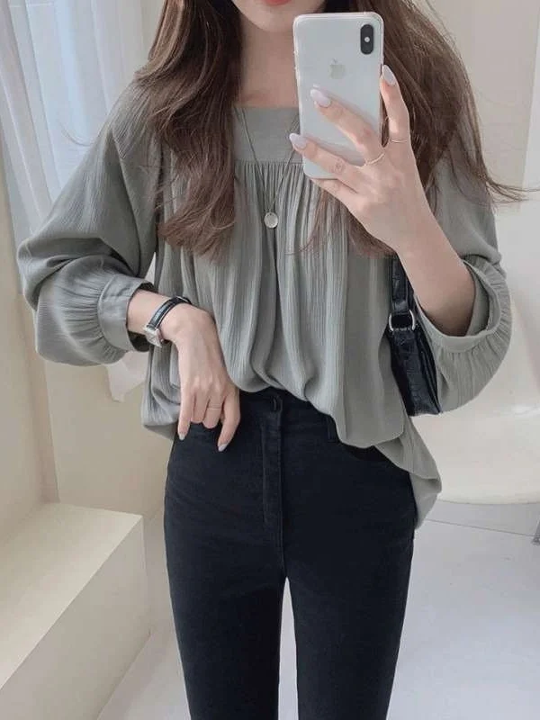 

Loose AgedReducing Square Collar Long Sleeve Shirt for Women Comfortable Polyester Fiber Thin Winter Commute Style Pure Color