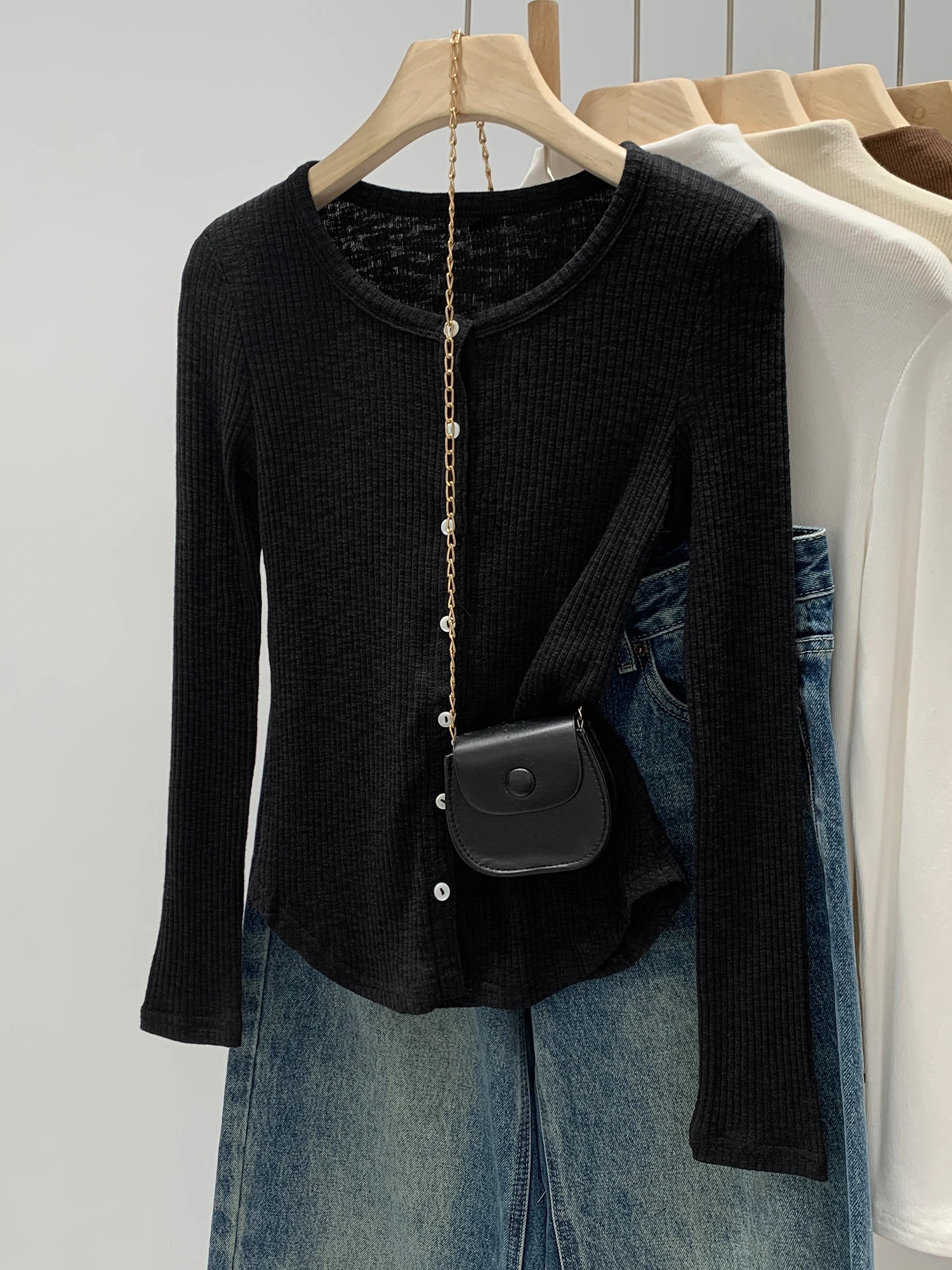 Korean Style Grey round Neck Knitted Open Cardigan Women's Slim Fit Autumn Fashion Top City Walk Long Sleeve T-Shirt