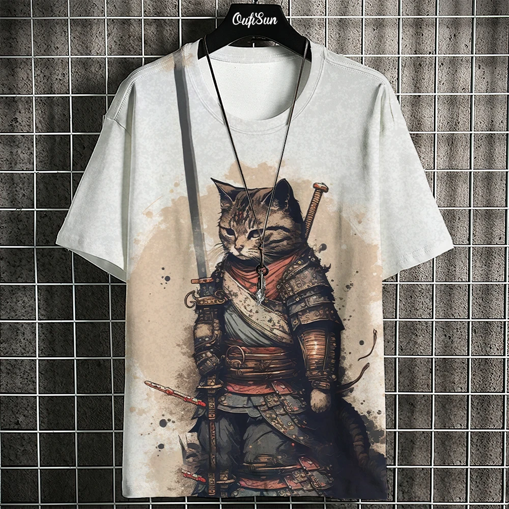 Samurai Kat T-shirt voor mannen Zomer Trendy Japanse korte mouw Tees Oversized streetwear casual sweatshirt Mannelijke kleding Tops