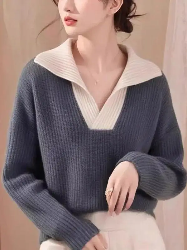 Elegant  Neck Knitted Sweater Loose Fit Inner Wear Outer Wear Autumn Winter High End Fashion Women's Casual Warm Top