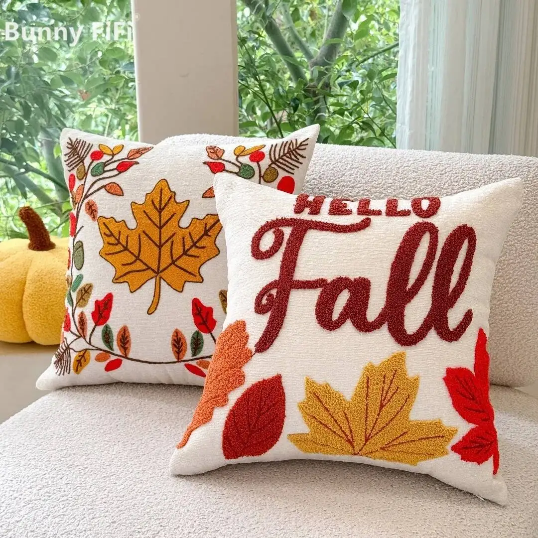 Embroidered Pumpkin Thanksgiving Cushion Covers Leaf Maple Leaves Decorative Throw Pillow Cases For Sofa Bed Living Room Decor